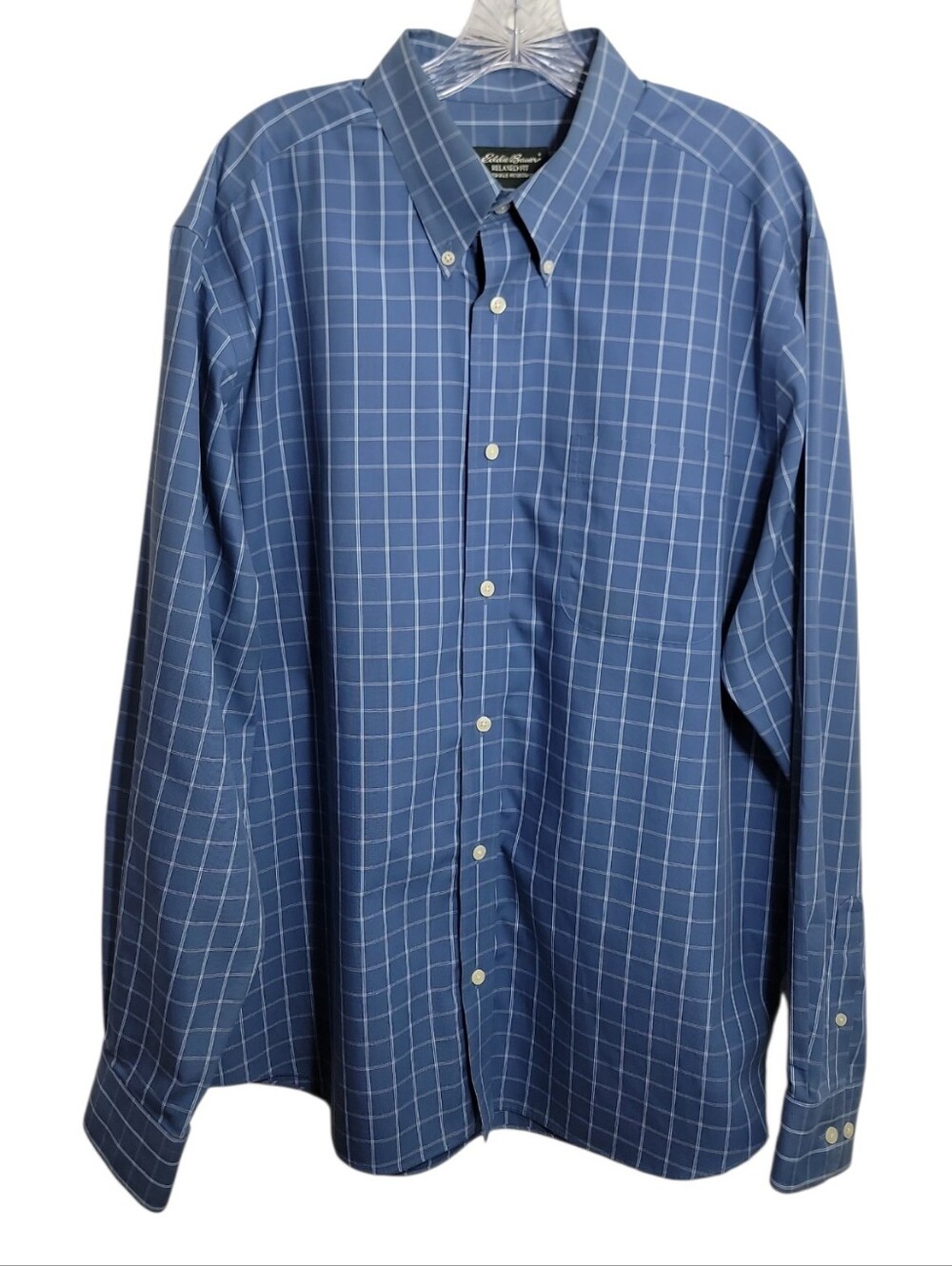 Eddie Bauer men’s large blue white plaid relaxed fit button down dress shirt